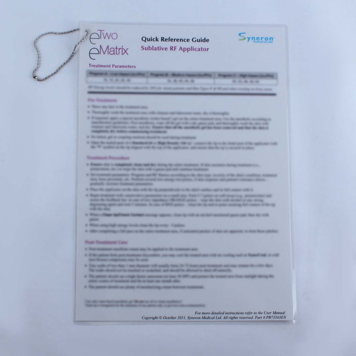 Syneron eTwo & eMatrix Sublative RF Applicator Treatment Quick Reference Guide