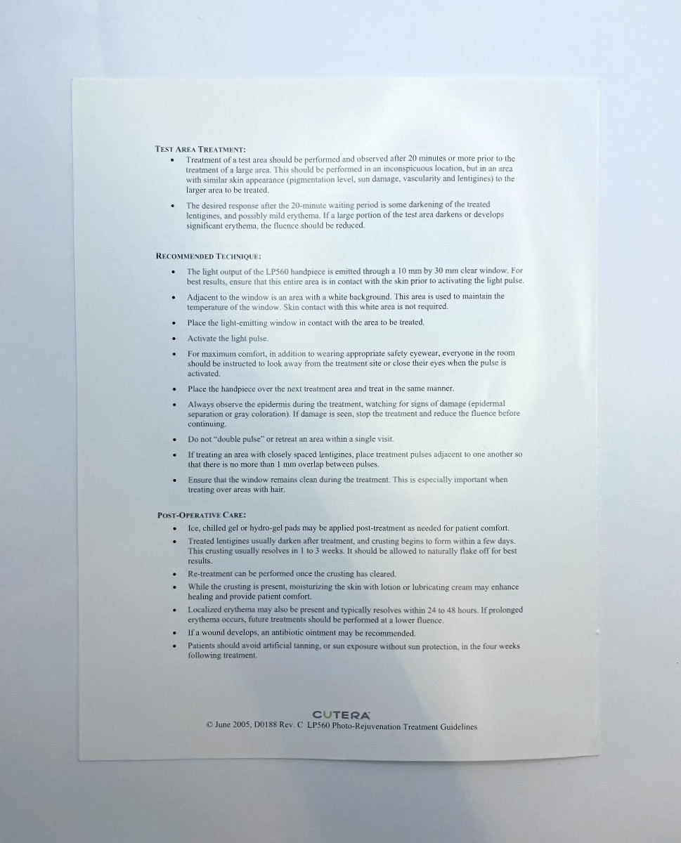 CUTERA LP560 Photo-Rejuvenation Treatment Guidelines D0188 Rev C EXP 2005