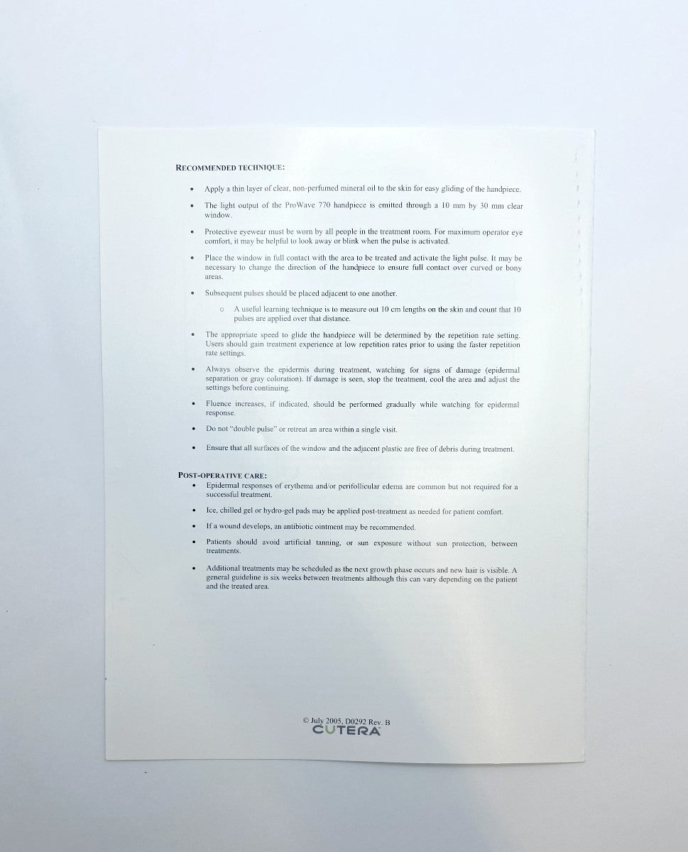 CUTERA ProWave 770 Hair Removal Treatment Guidelines 2005
