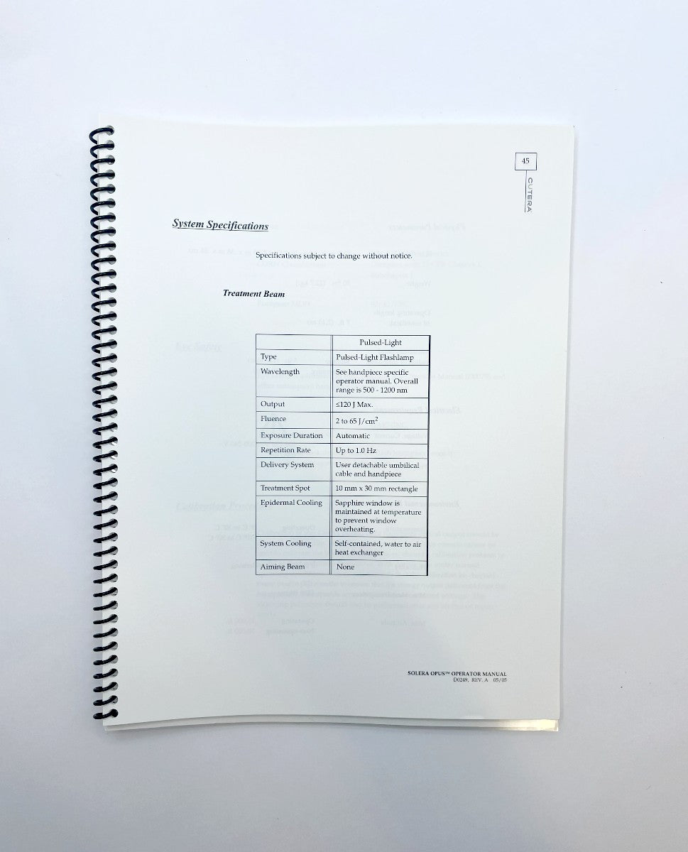 CUTERA, solera opus, Operator Manual, D0249, REV.A 05/05B4055