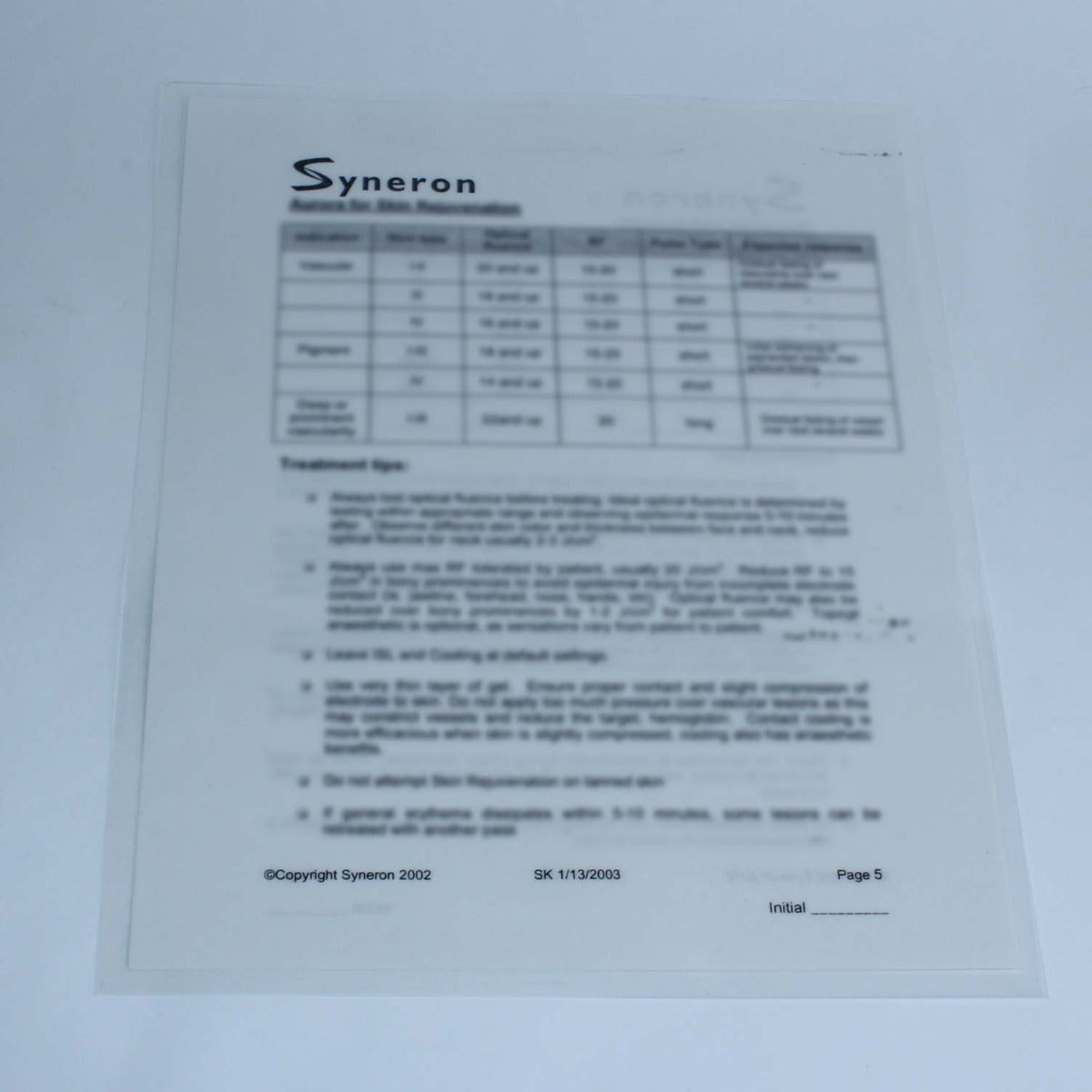 2003 Syneron Aurora DS HR Skin Rejuvenation Hair Removal Quick Reference Guide