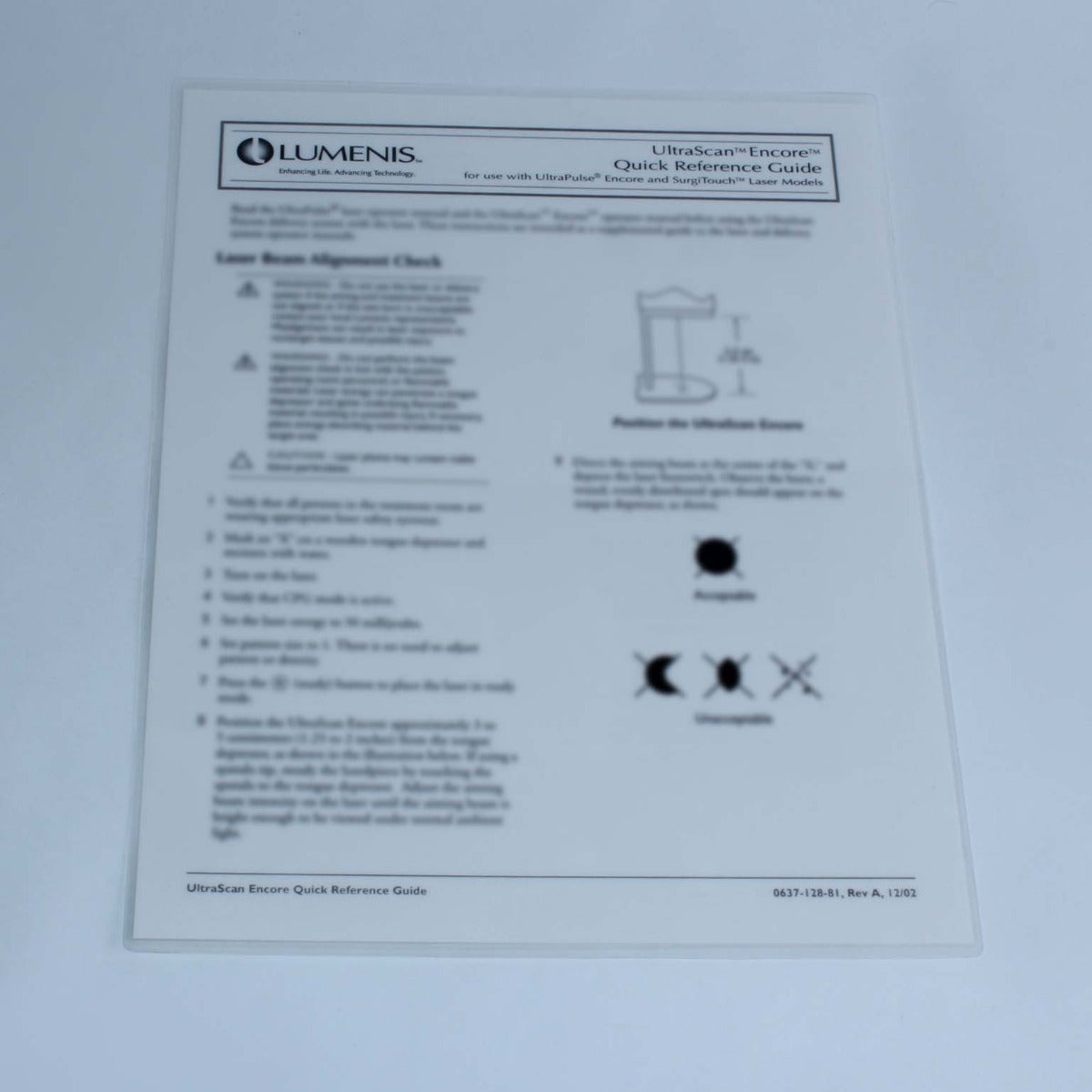 2002 Lumenis UltraScan Encore Laser Beam Alignment Quick Reference Guide Page