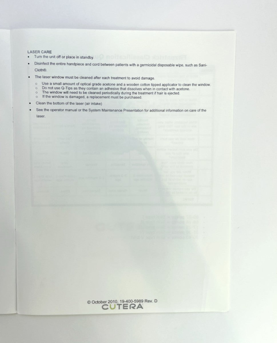 Cutera Coolglide Hair Removal Treatment Guideline 19-400-5989 Rev D