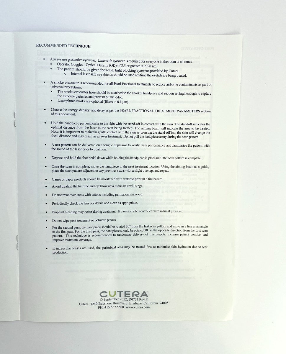 CUTERA, PEARL FRACTIONAL, TREATMENT GUIDELINES BOOK, D0703 Rev, E. 2012