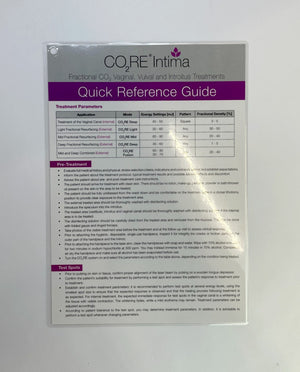 SYNERON CANDELA CO2RE Intima, Fractional C02, Vaginal, Vulval and Introitus Treatments, Quick Reference Guide, P/N PB89593EN-US, December 2016 (2 Sheets)