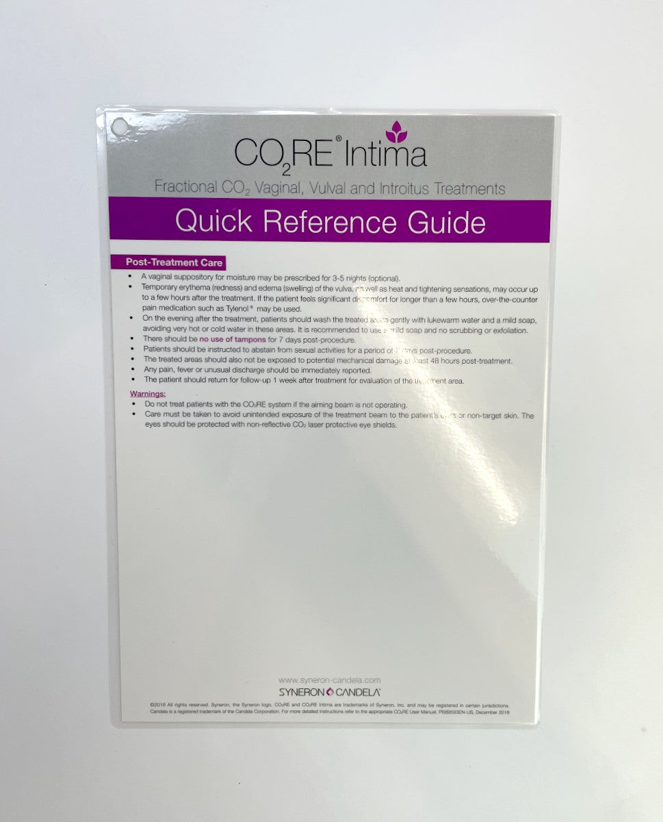 SYNERON CANDELA CO2RE Intima, Fractional C02, Vaginal, Vulval and Introitus Treatments, Quick Reference Guide, P/N PB89593EN-US, December 2016 (2 Sheets)