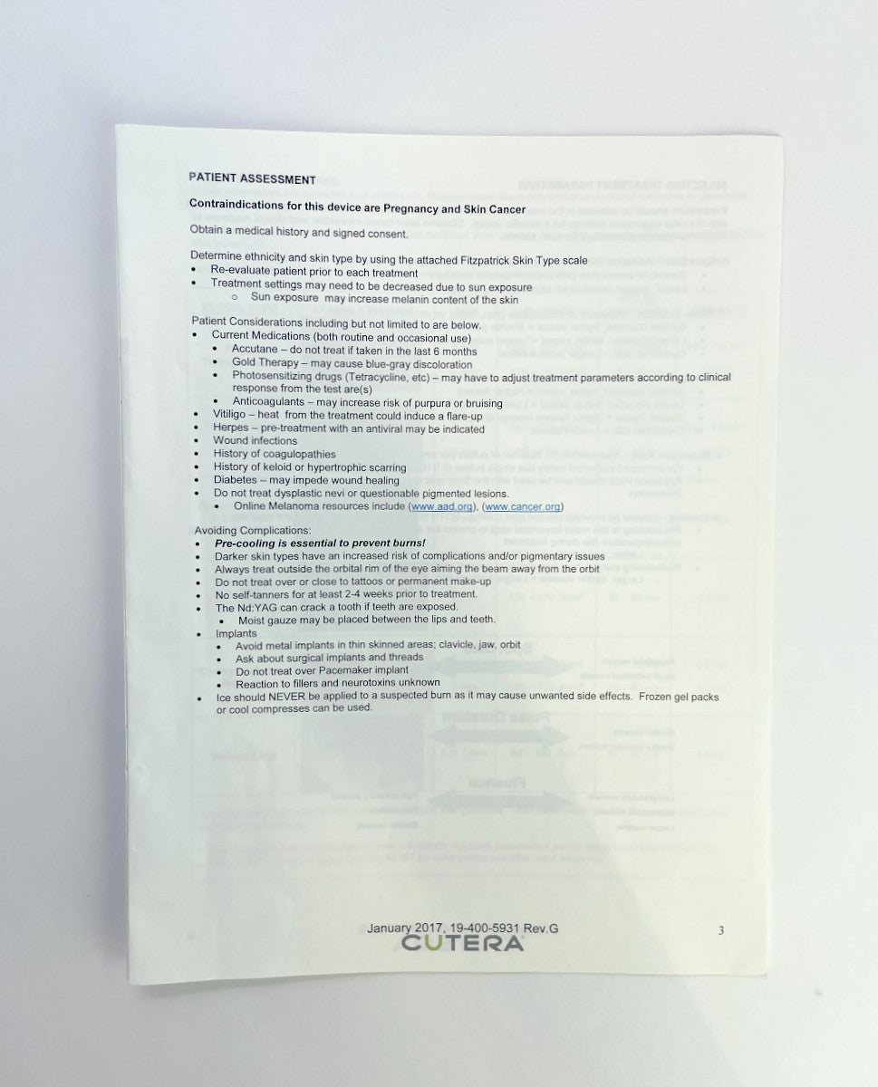Cutera Excel Laser Vascular Treatment Guidelines Settings 19-400-5931 2017 Rev G