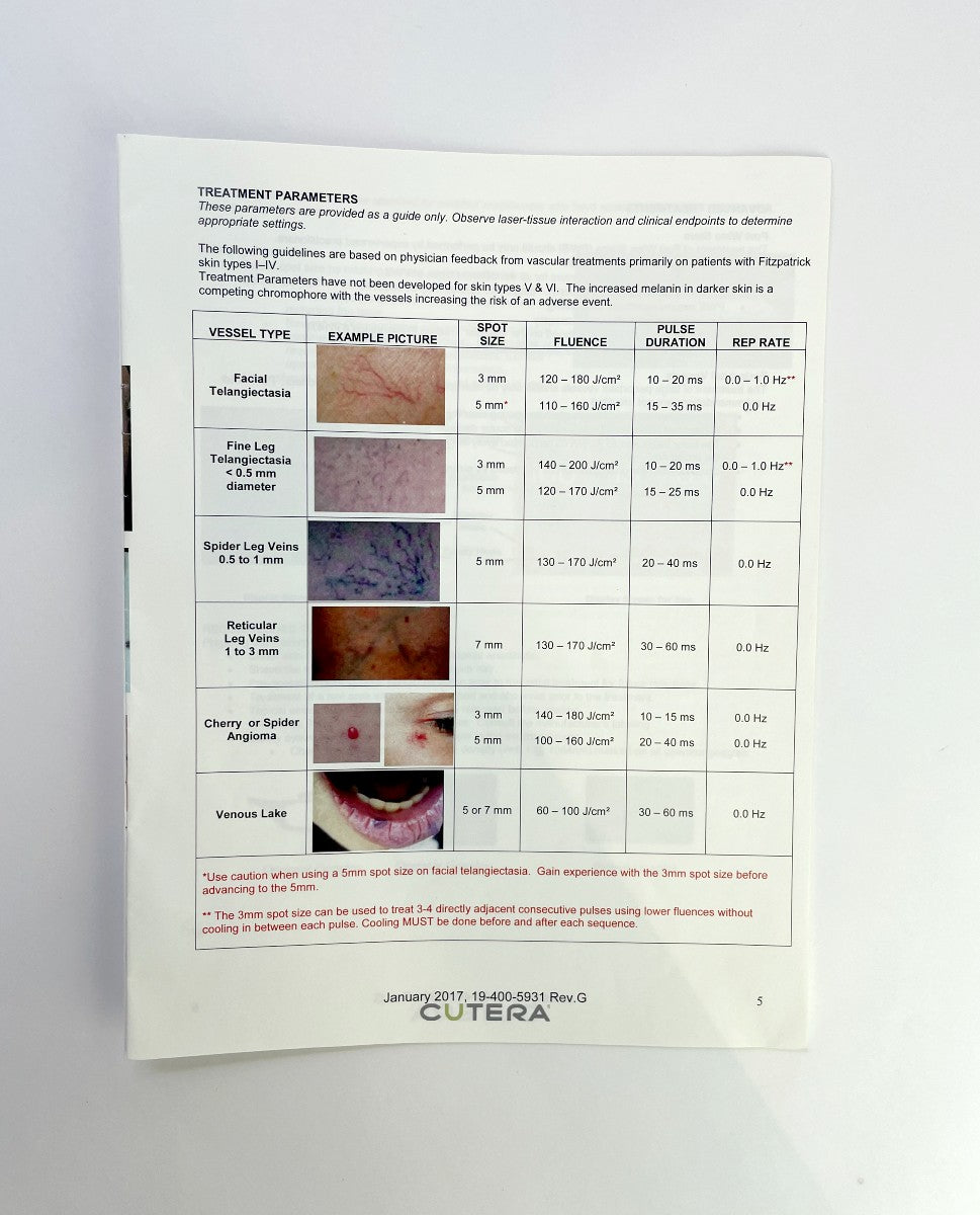 Cutera Excel Laser Vascular Treatment Guidelines Settings 19-400-5931 2017 Rev G