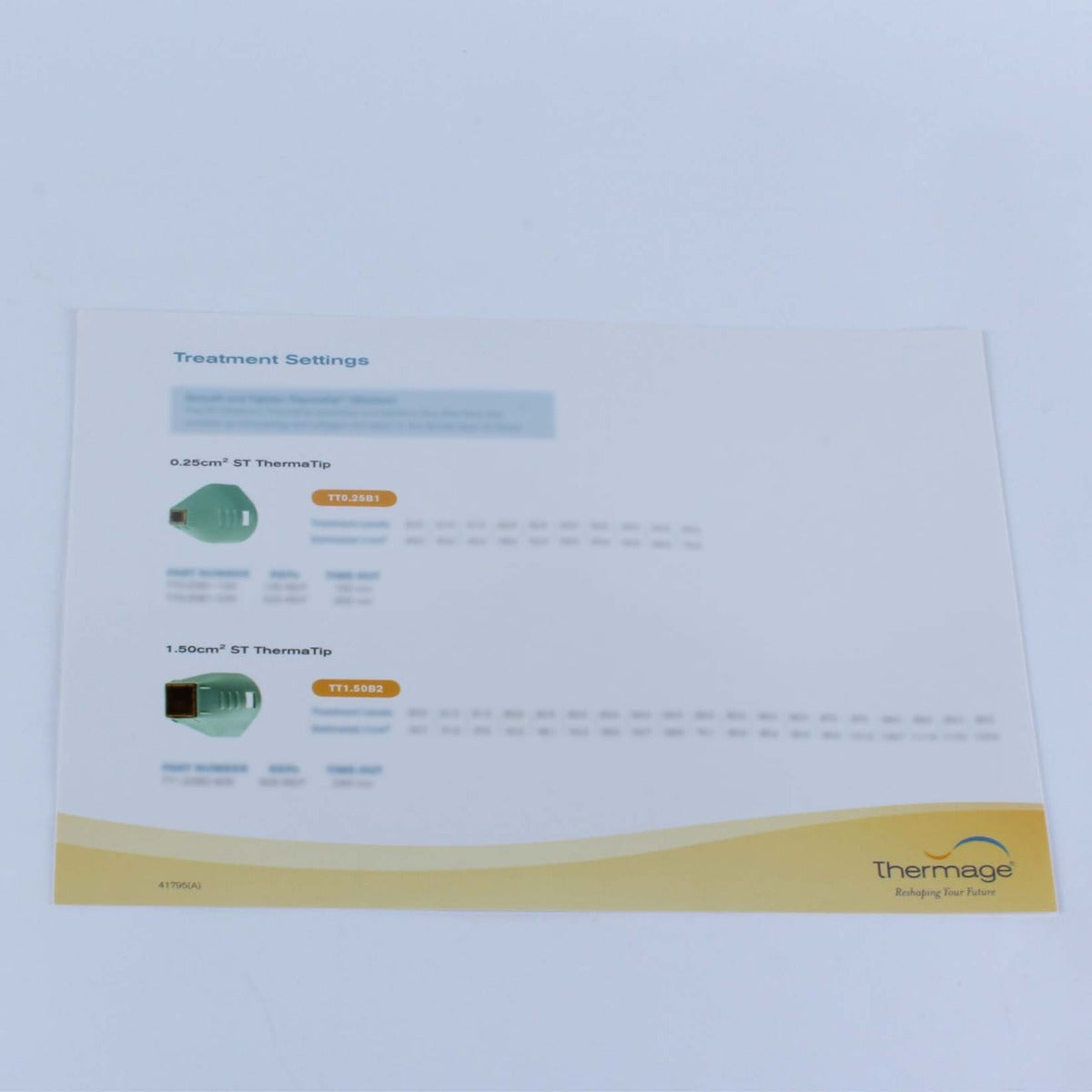Thermage ST ThermaTip TT0.25B1 TT1.50B2 Treatment Setting Quick Reference