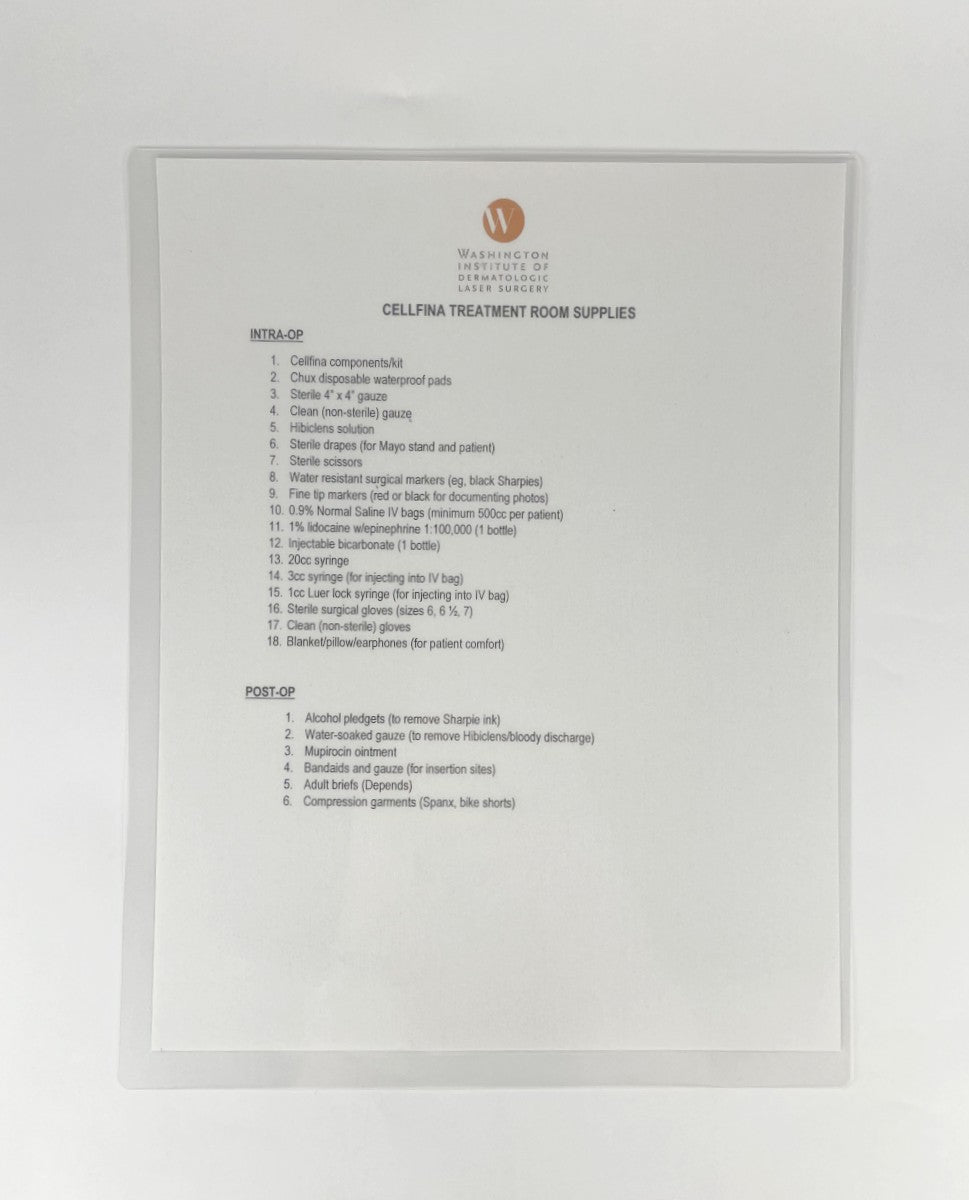 WASHINGTON INSTITUTE OF DERMATOLOGIC LASER SURGERY, CELLFINA TREATMENT ROOM SUPPLIES CHECKLIST, INTRA-OP AND POST-OP
