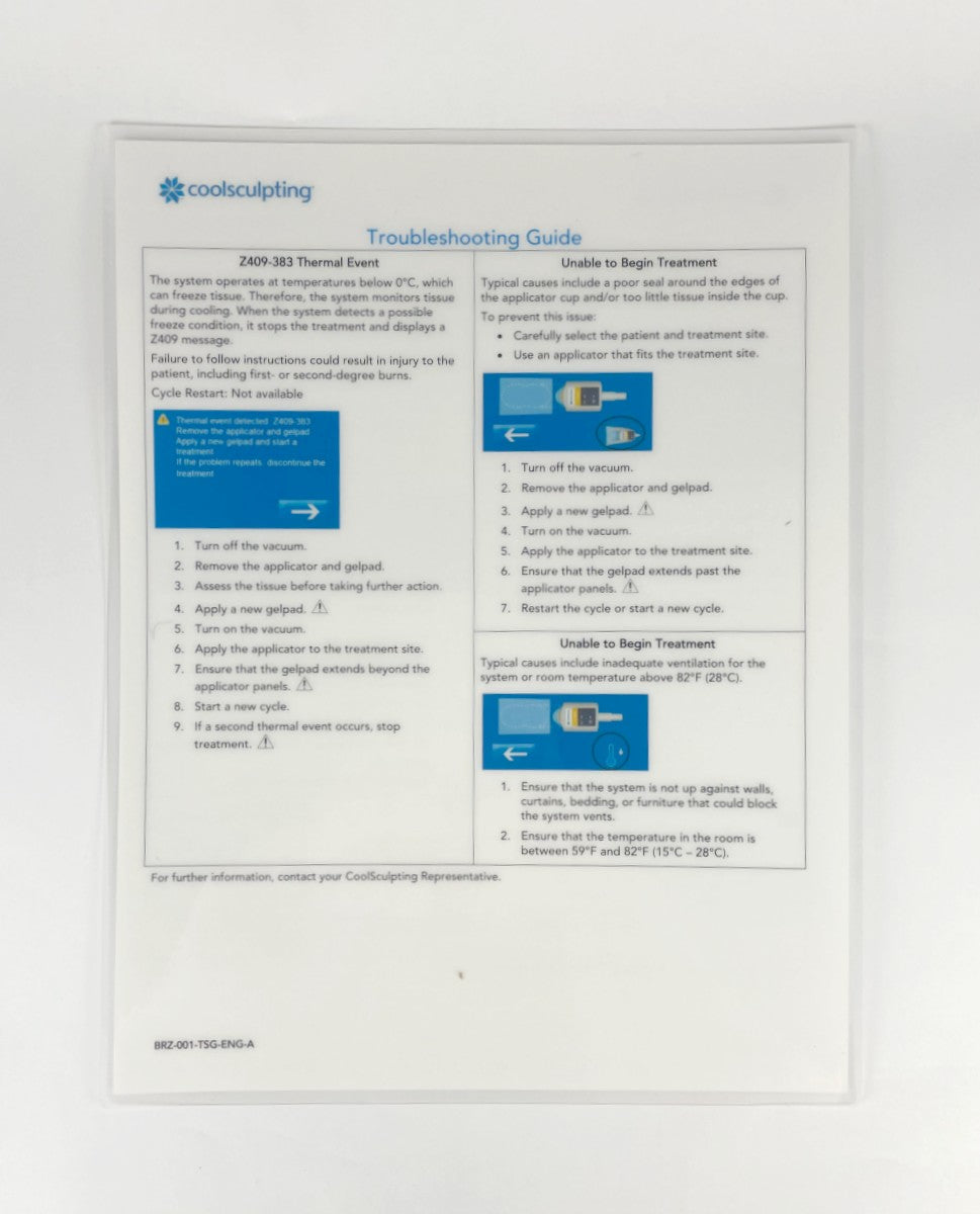 ZELTIQ COOLSCULPTING TROUBLESHOOTING GUIDE SHEET BRZ-001-TSG-ENG-A