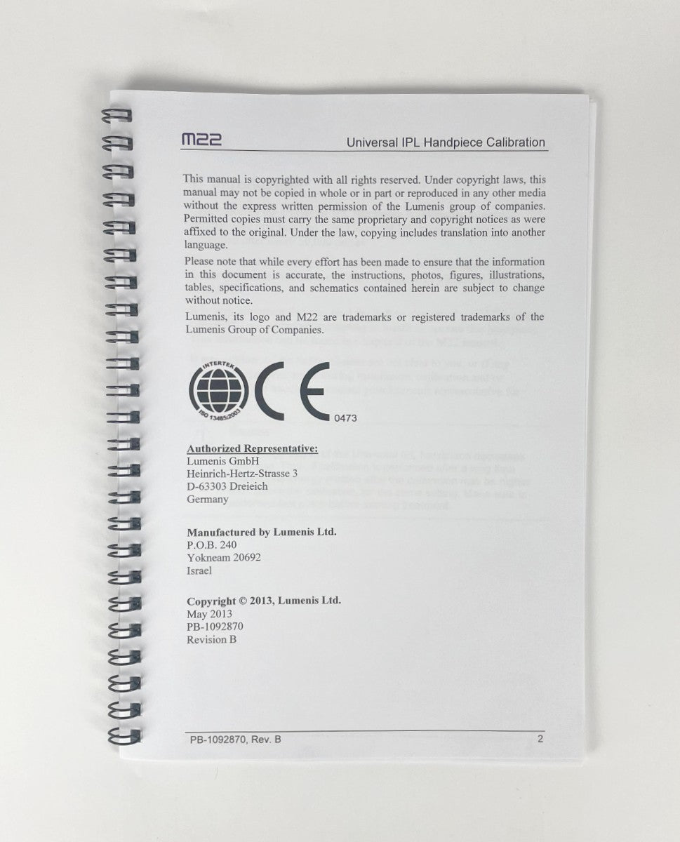 LUMENIS, Universal IPL Handpiece Manual for M22 Aesthetic System, Calibration of Device and Instructions, PB-1092870, Rev. B