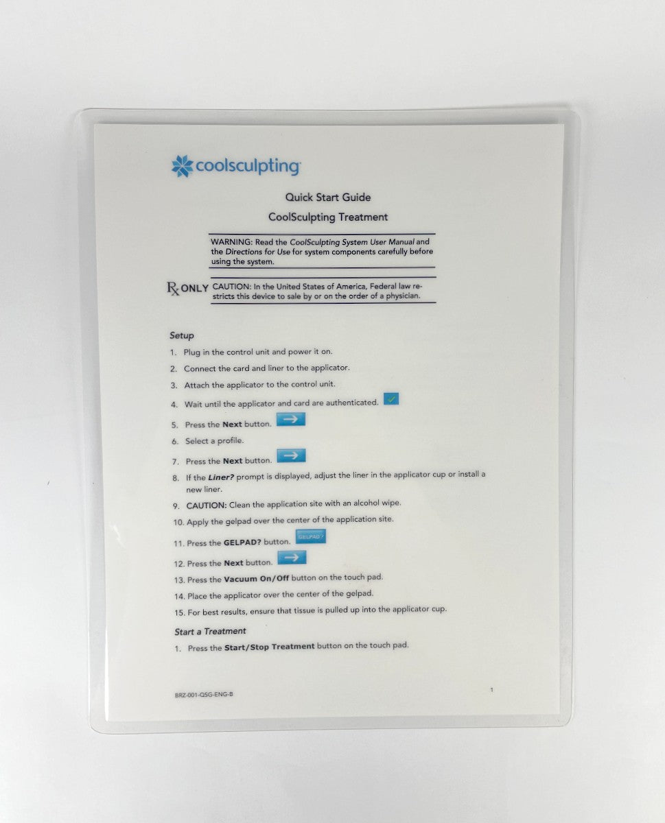 ZELTIQ QUICK START GUIDE COOLSCULPING TREATMENT BRZ-001-Q5G-B (2 SHEETS)