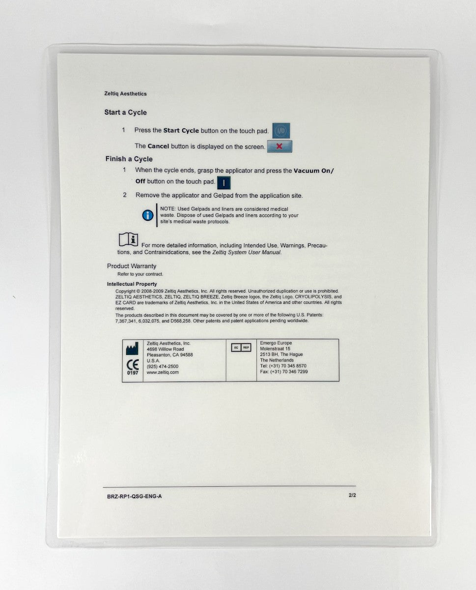 ZELTIQ QUICK START GUIDE VACUUM PROCEDURE BRZ-RP1-QSG-ENG-A (1 SHEET)