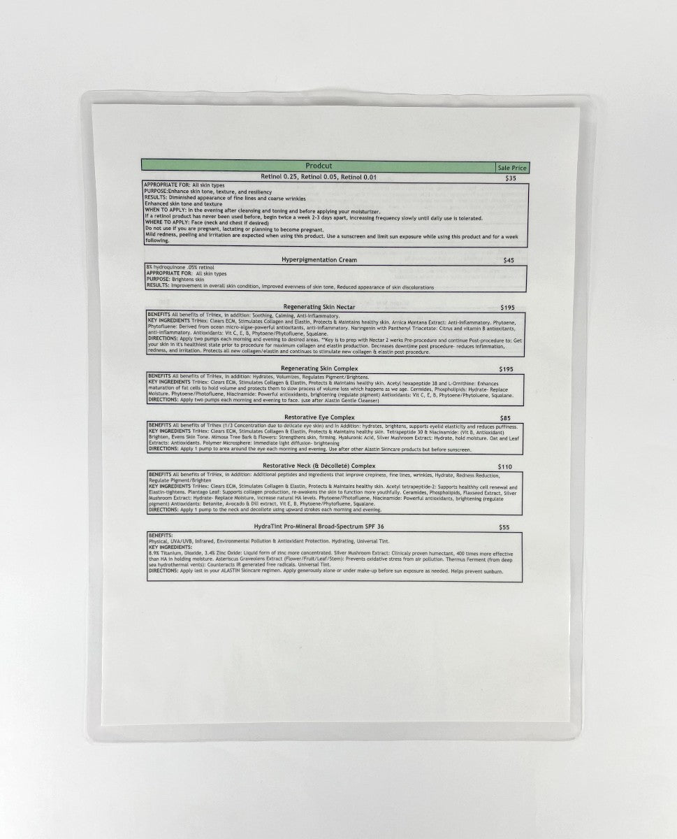 PRODUCTS PRICE LIST GUIDE SHEET