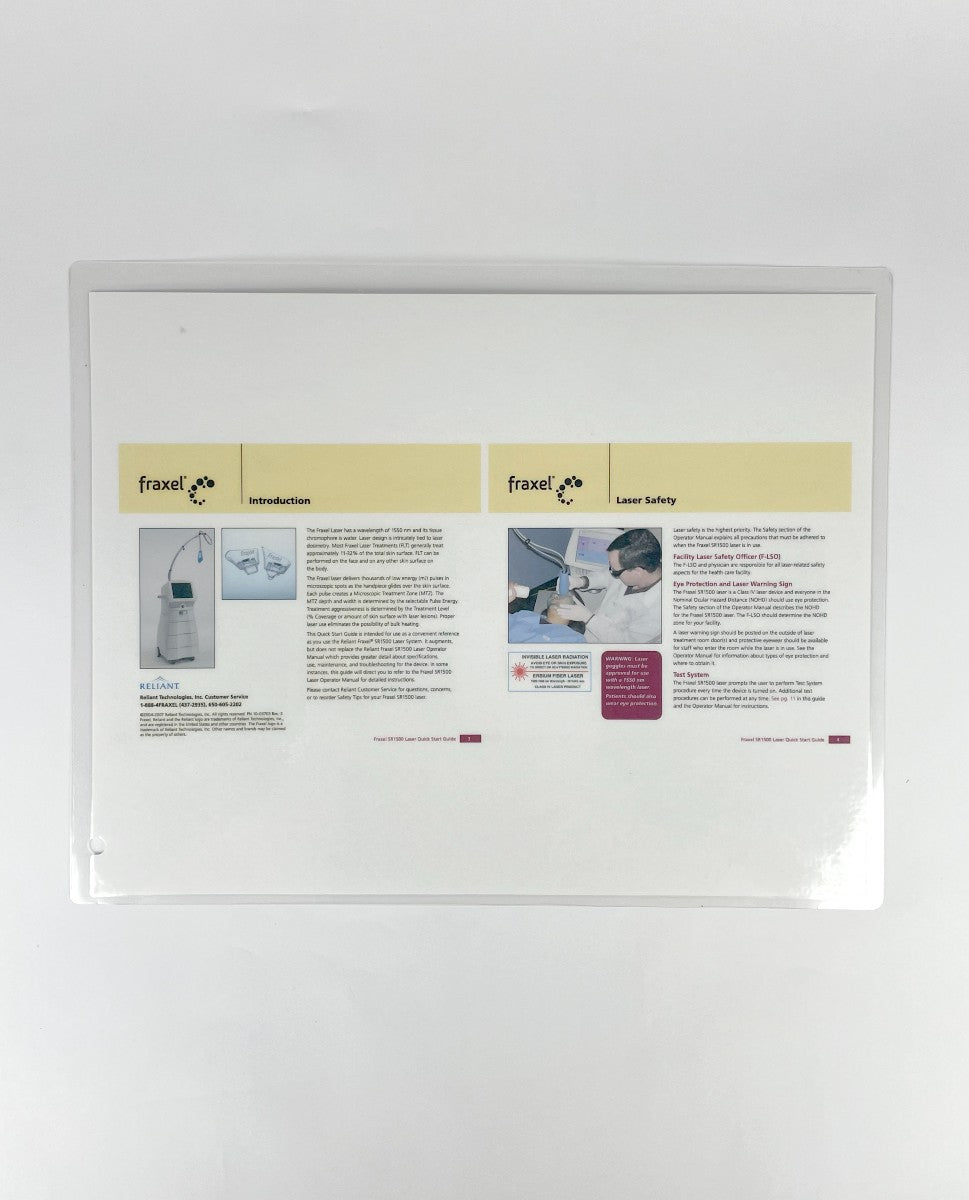 RELIANT Fraxel, Customer Service 1-888-4FRAXEL (437-2935), 650-605-2202, 2004-2007, SR1500 Laser Quick Start Guide