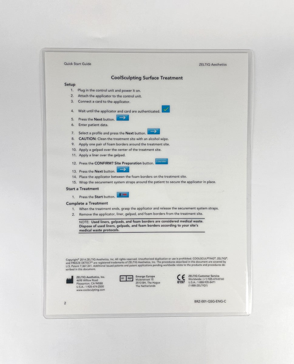 Zeltiq 2014 Coolsculpting Vacuum Treatment Quick Start Guide BRZ-001-QSG-ENG-C