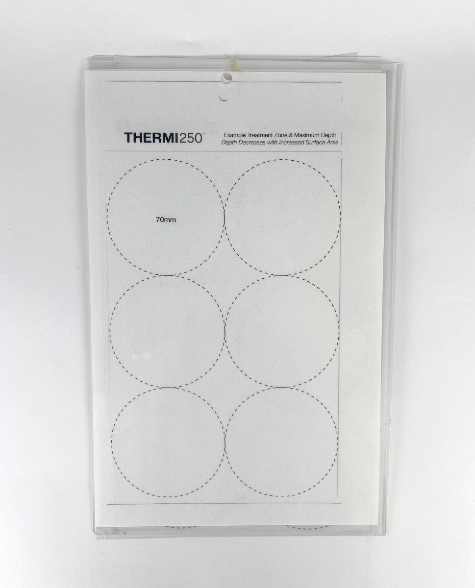 THERMI250, Example Treatment Zone & Maximum Depth, Depth Decreases with Increased Surface Area. 30 mm, 70mm Circumference, and ruler 40mm