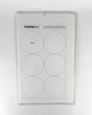 THERMI250, Example Treatment Zone & Maximum Depth, Depth Decreases with Increased Surface Area. 30 mm, 70mm Circumference, and ruler 40mm