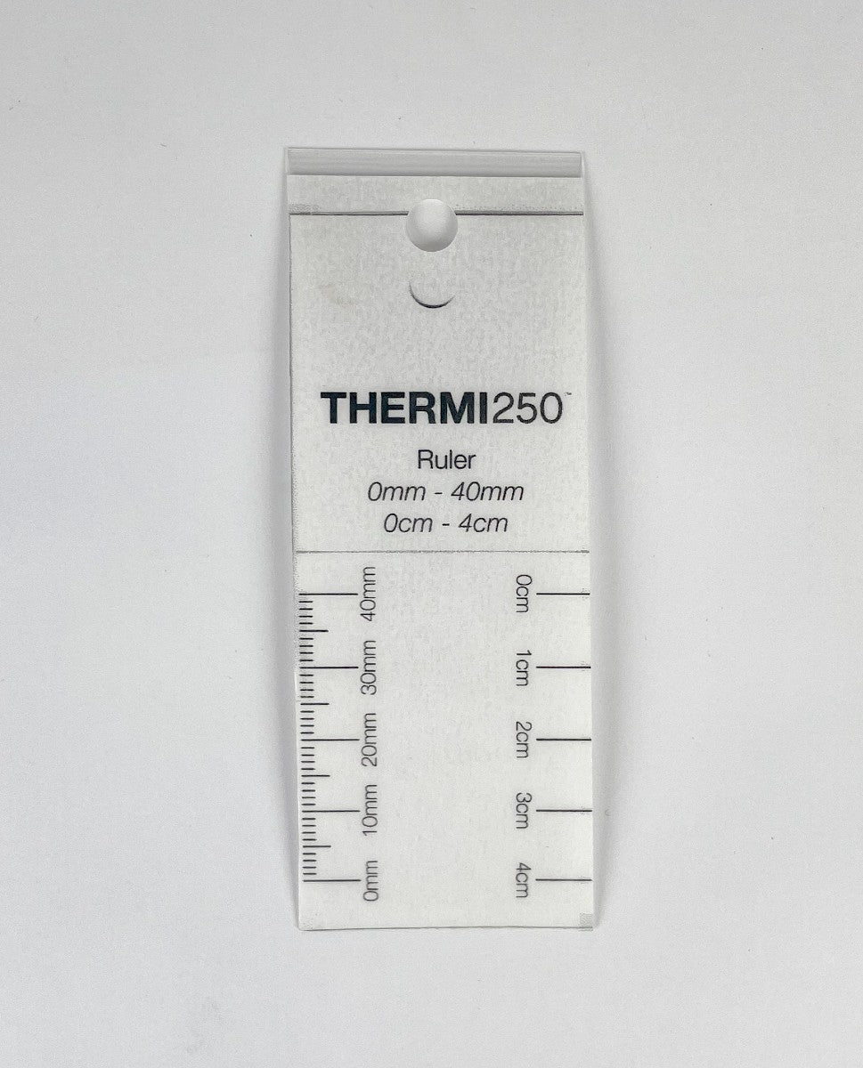 THERMI250, Example Treatment Zone & Maximum Depth, Depth Decreases with Increased Surface Area. 30 mm, 70mm Circumference, and ruler 40mm
