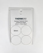THERMI250, Example Treatment Zone & Maximum Depth, Depth Decreases with Increased Surface Area. 30 mm, 70mm Circumference, and ruler 40mm