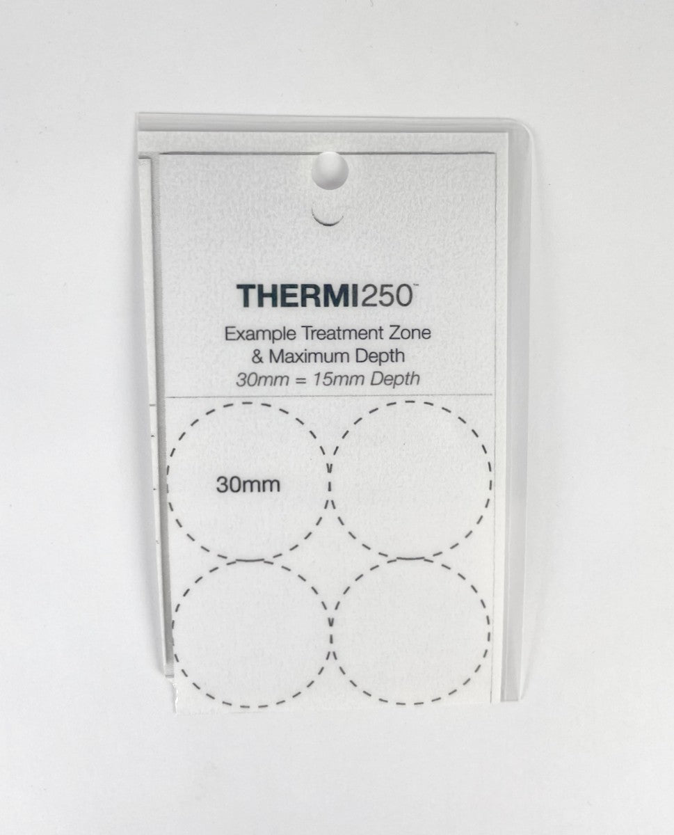 THERMI250, Example Treatment Zone & Maximum Depth, Depth Decreases with Increased Surface Area. 30 mm, 70mm Circumference, and ruler 40mm