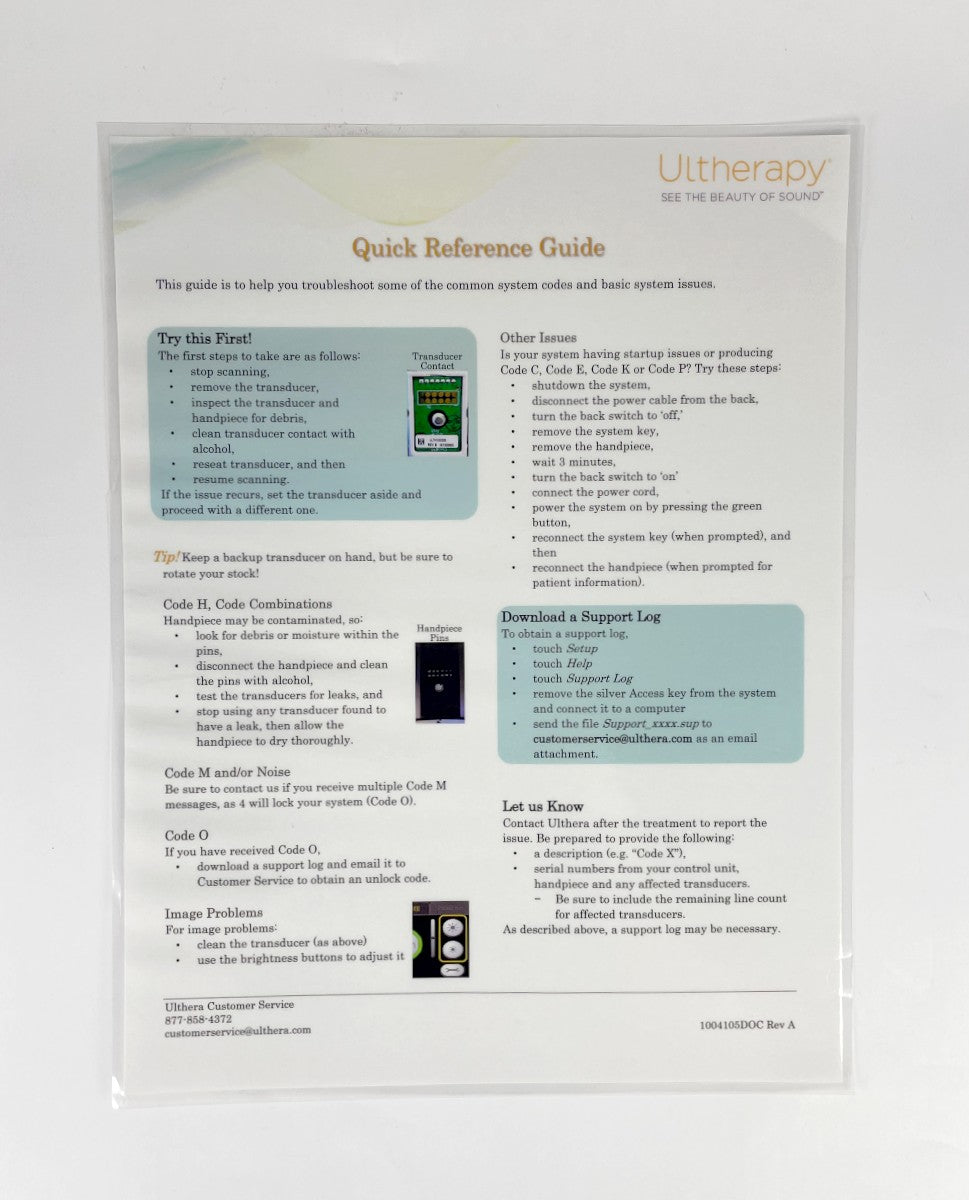 ULTHERA, ULTHERAPY, QUICK REFERENCE GUIDE, PN 1004105DOC Rev A