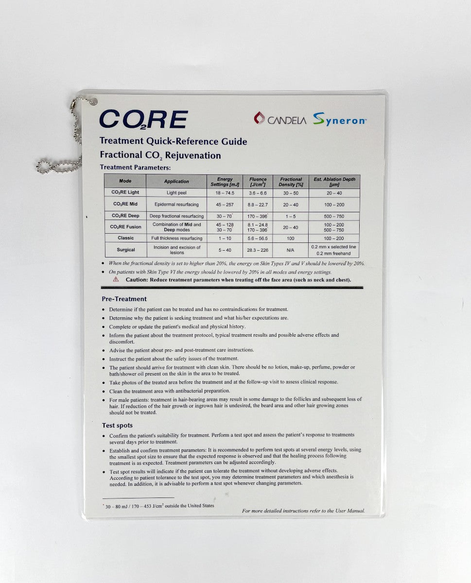 CANDELA SYNERON, CO2RE TREATMENT QUICK-REFERENCE GUIDE, FRACTIONAL C02 REJUVENATION, TREATMENT PARAMETERS SHEET, 2012