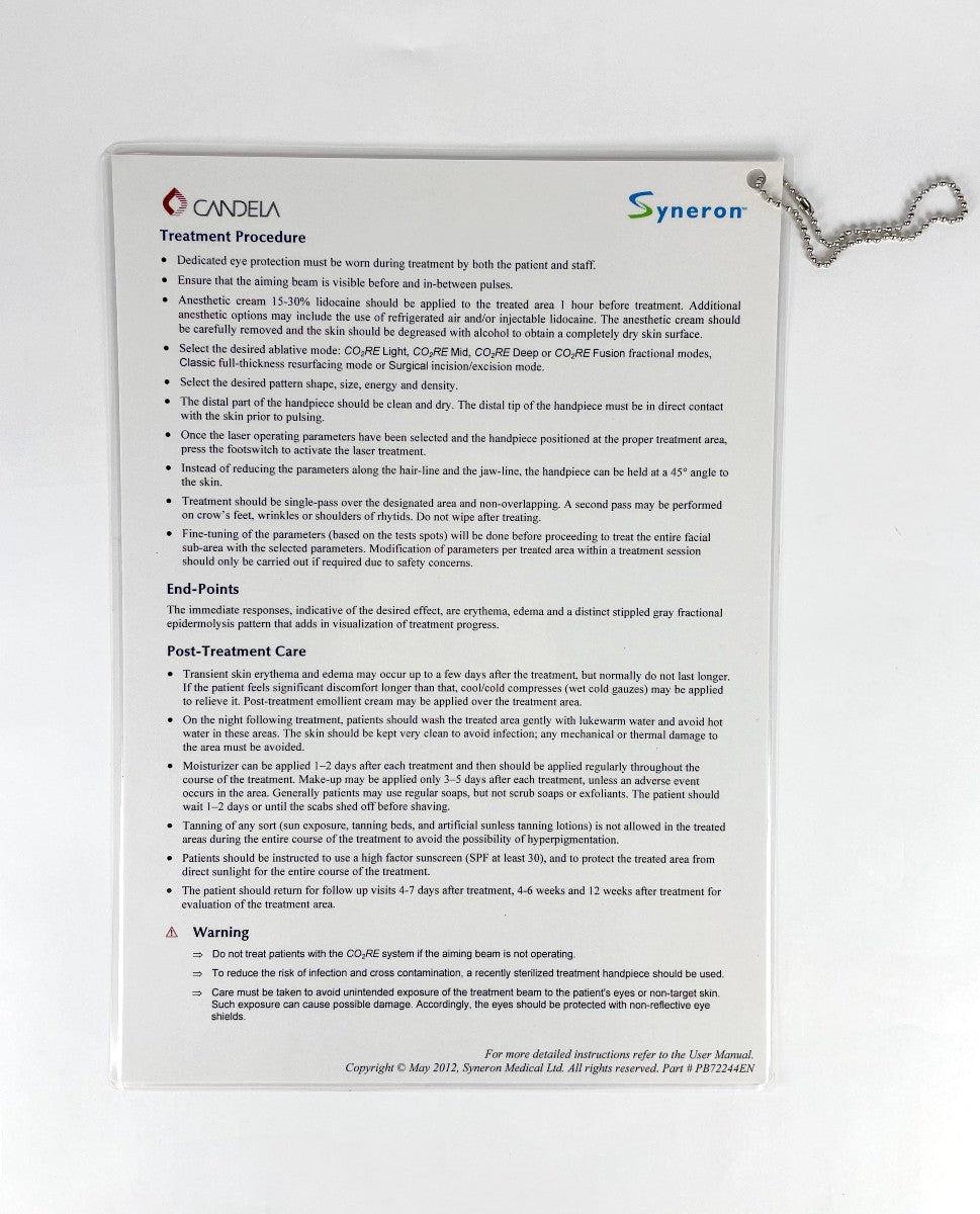 CANDELA SYNERON, CO2RE TREATMENT QUICK-REFERENCE GUIDE, FRACTIONAL C02 REJUVENATION, TREATMENT PARAMETERS SHEET, 2012
