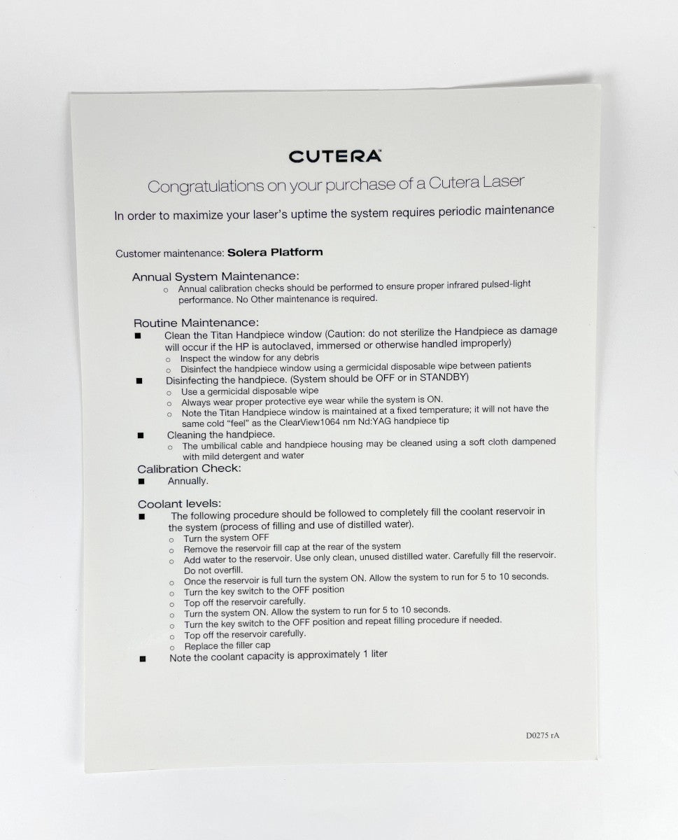 CUTERA Cutera Laser Maintenance Guide