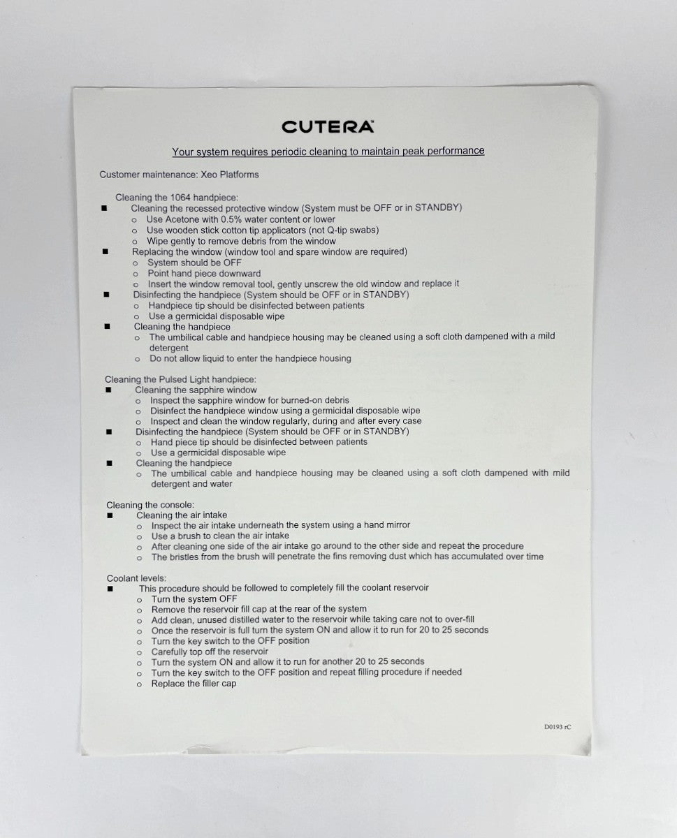 Cutera Xeo Care Instructions for Handpiece Removal and Installation D0193 rC