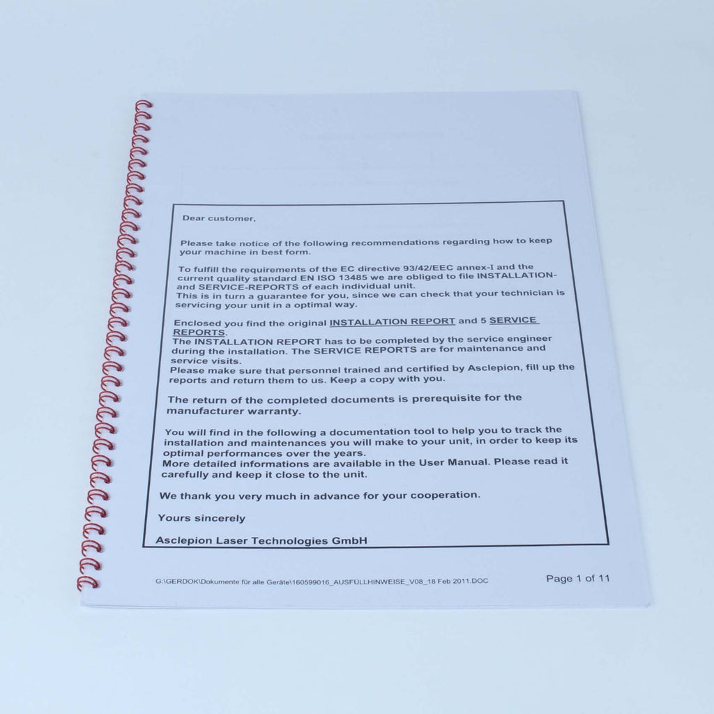 Asclepion TattooStar AcouWave Laser Maintenance Report History Tracking Journal
