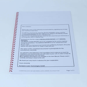 Asclepion TattooStar AcouWave Laser Maintenance Report History Tracking Journal