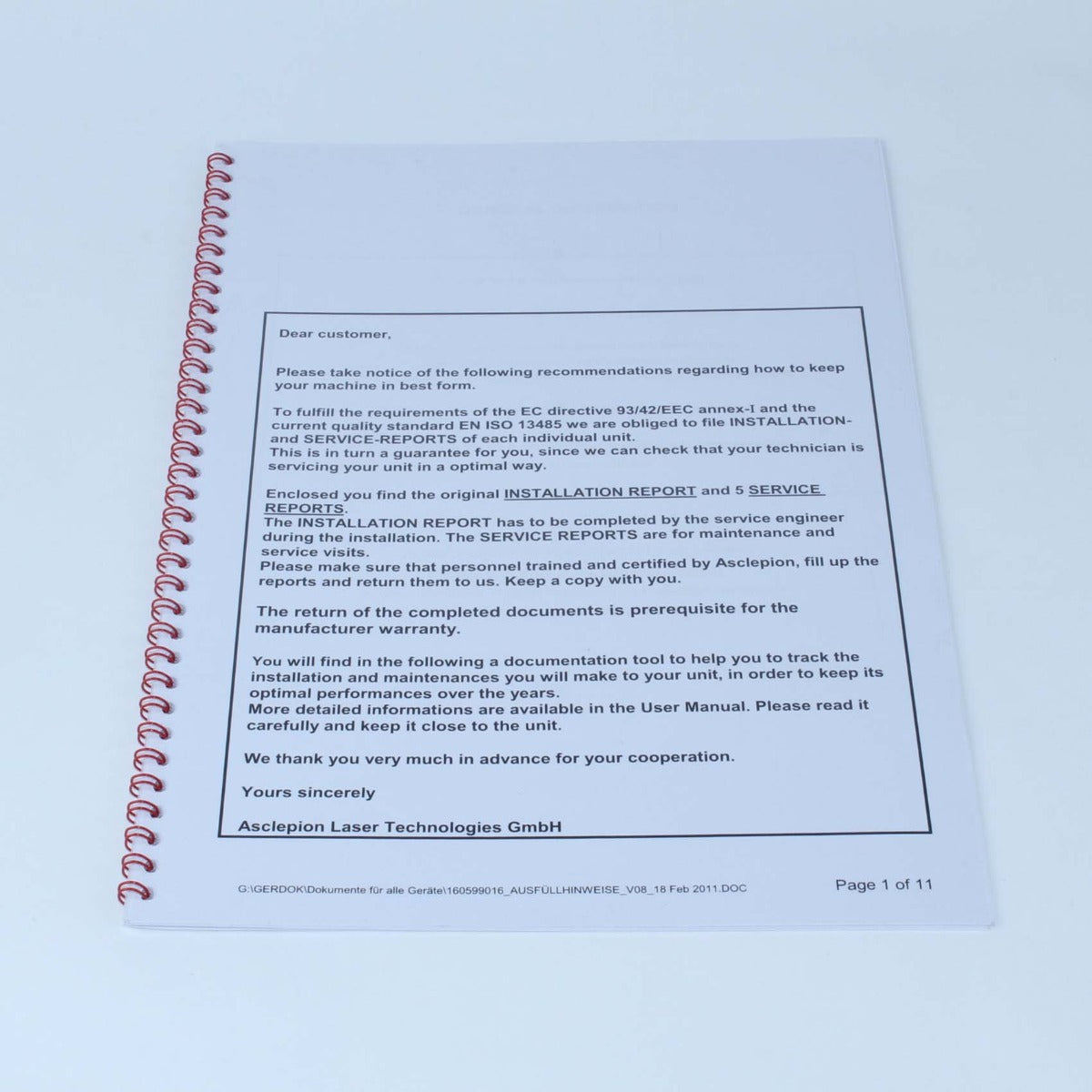 Asclepion TattooStar AcouWave Laser Maintenance Report History Tracking Journal