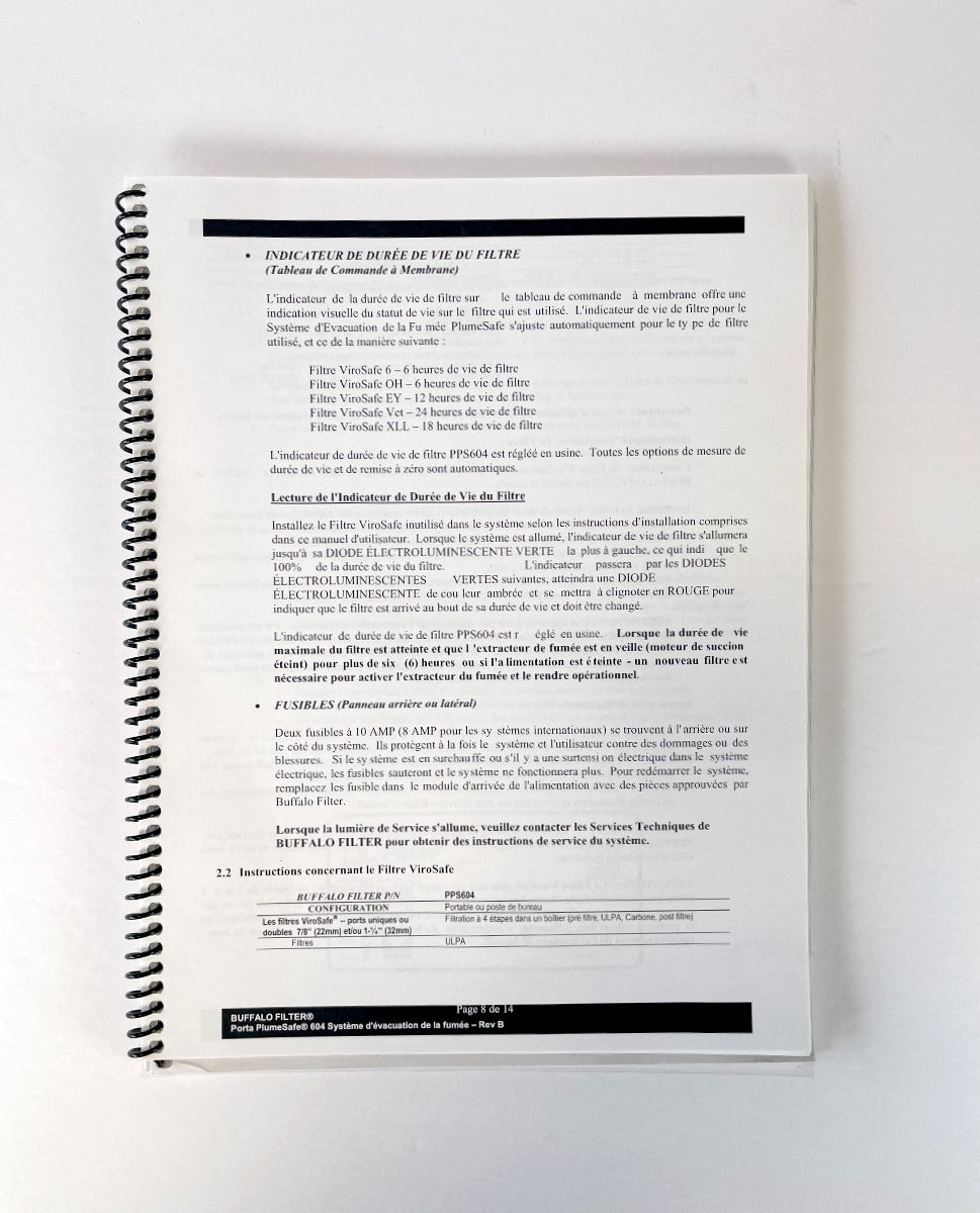 Buffalo Filter Manual Porta PlumeSafe 604 Smoke Evacuation System