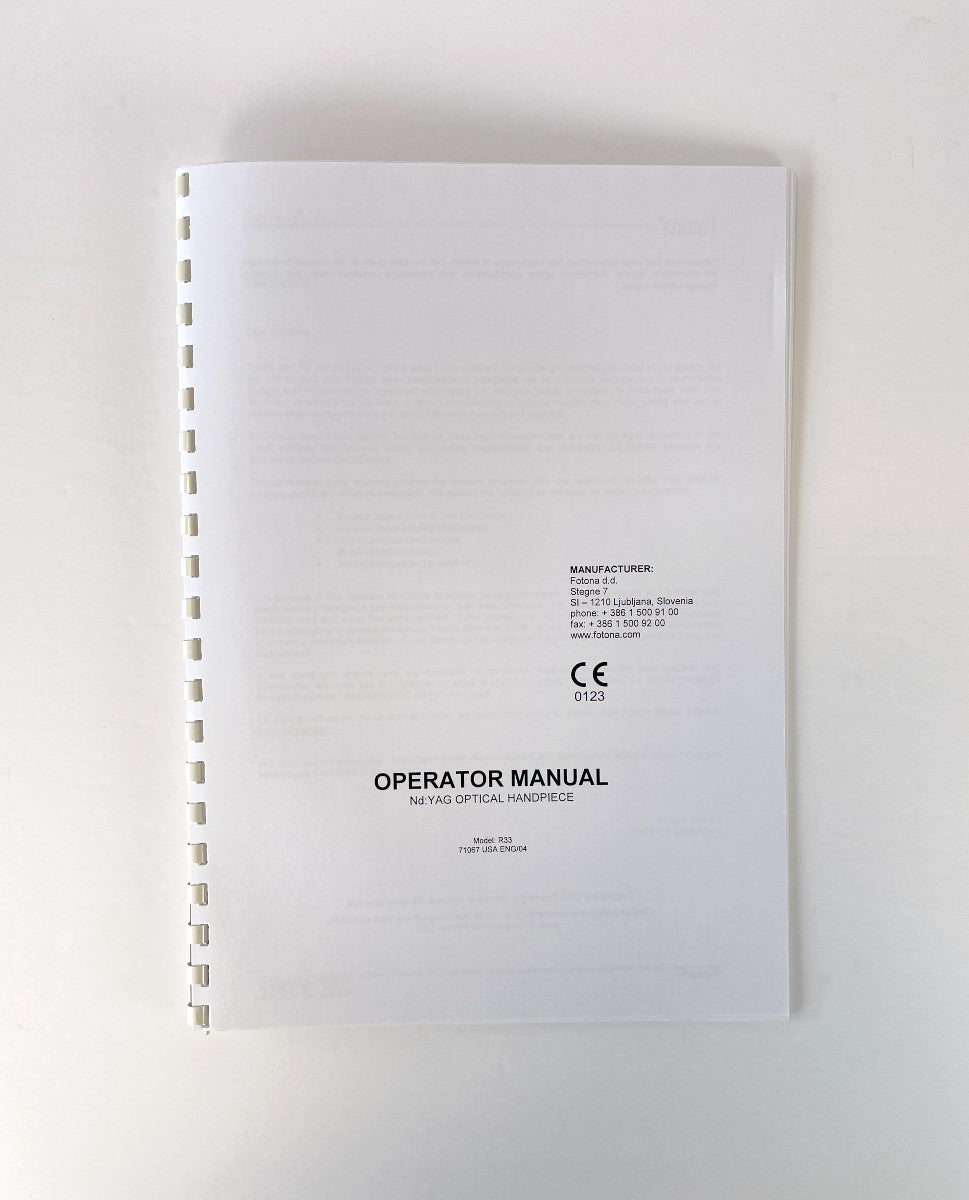 Fotona OPERATOR MANUAL Nd: YAG OPTICAL HANDPIECE R33 71067 EXP 2009