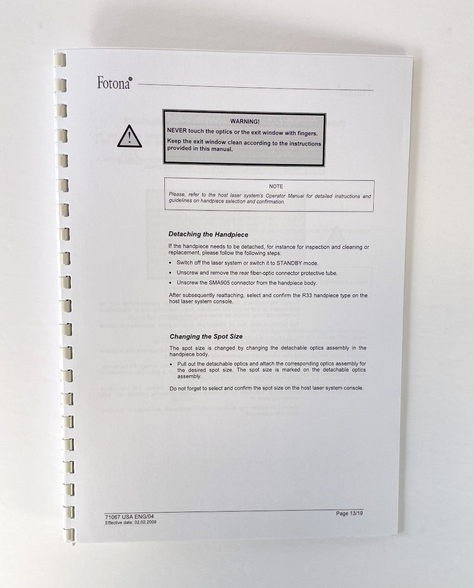 Fotona OPERATOR MANUAL Nd: YAG OPTICAL HANDPIECE R33 71067 EXP 2009