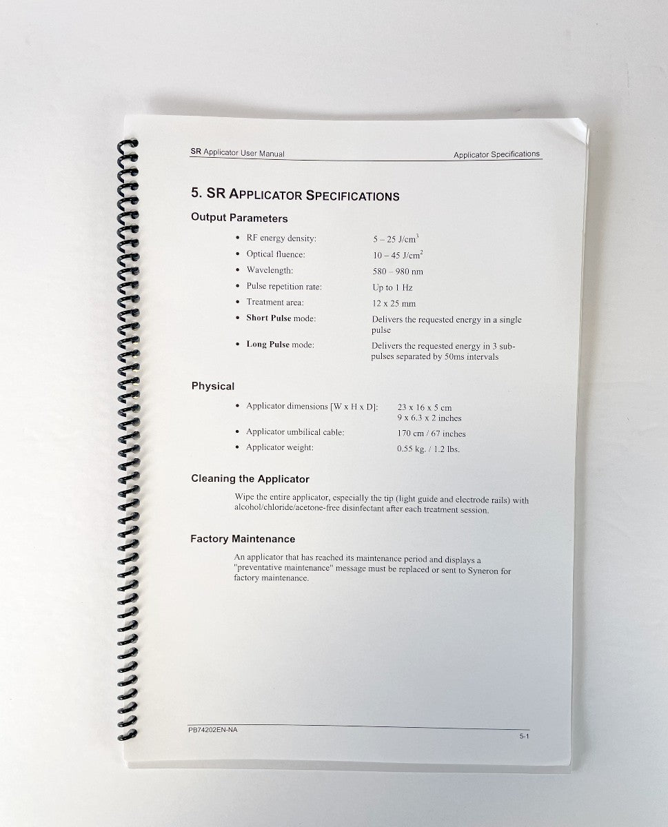 Candela Syneron, SR Applicator for the elós Plus System, User Manual PN PB74202EN-NA