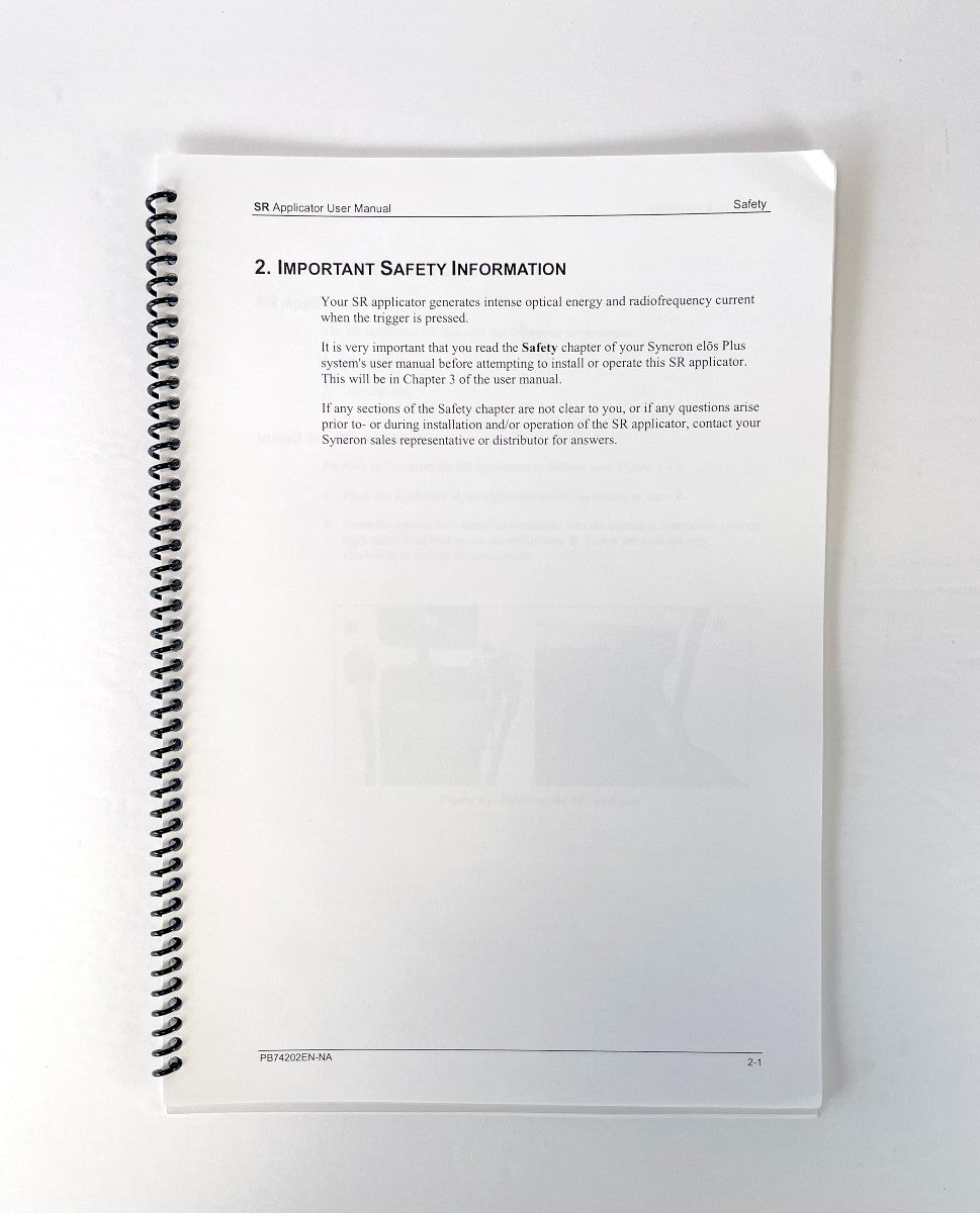 Candela Syneron, SR Applicator for the elós Plus System, User Manual PN PB74202EN-NA