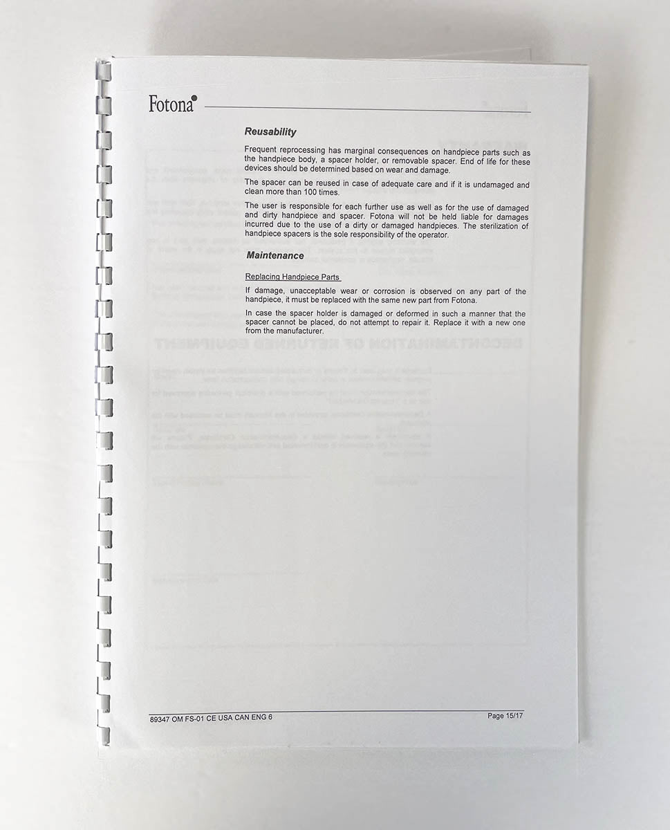 Fotona Operator Manual Er: YAG FRACTIONAL OPTICAL HANDPIECE Titanium Series Model: FS-01 89347