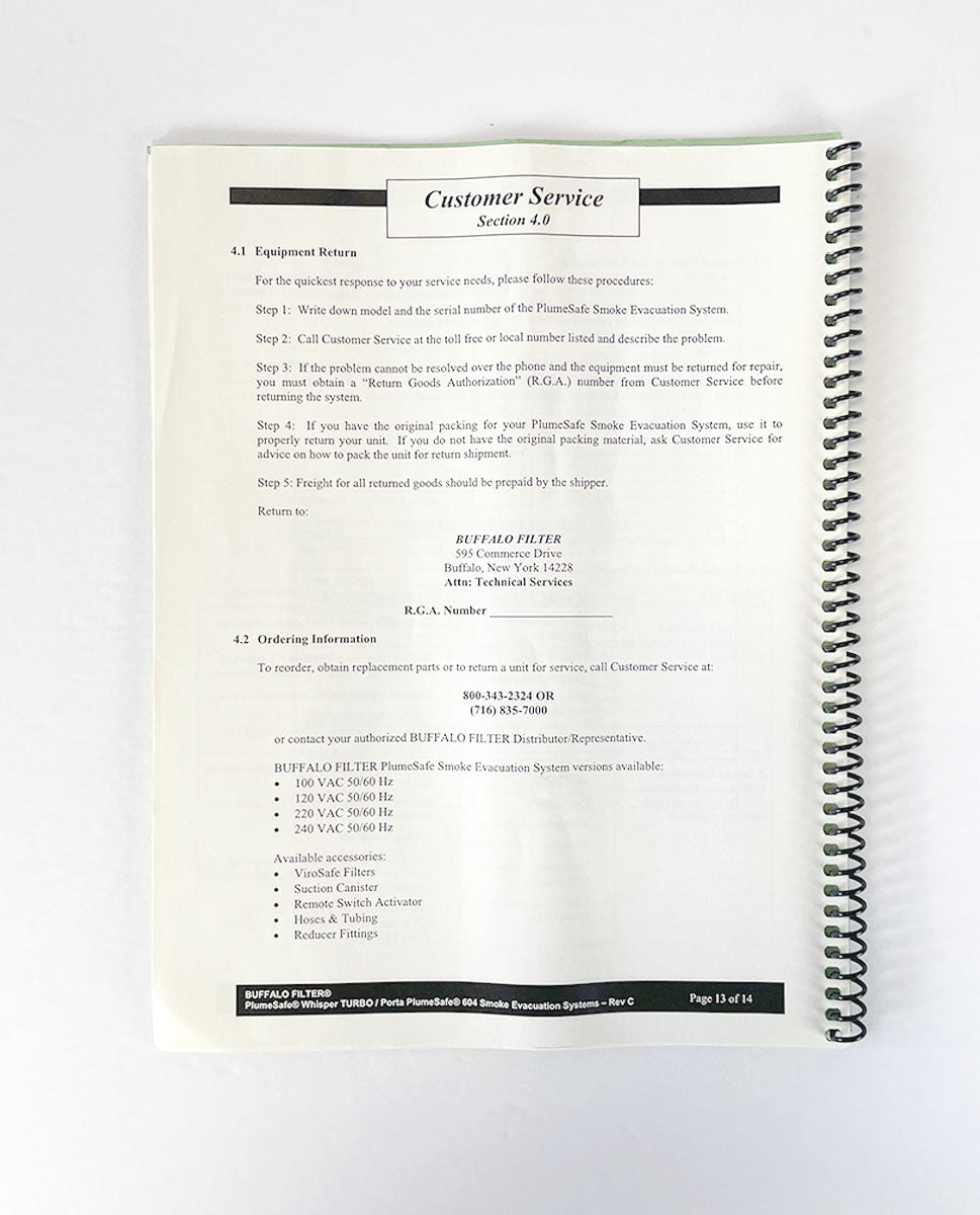 BUFFALO Filter Operator’s Manual PlumeSafe Whisper TURBO Porta 604 Smoke Evac