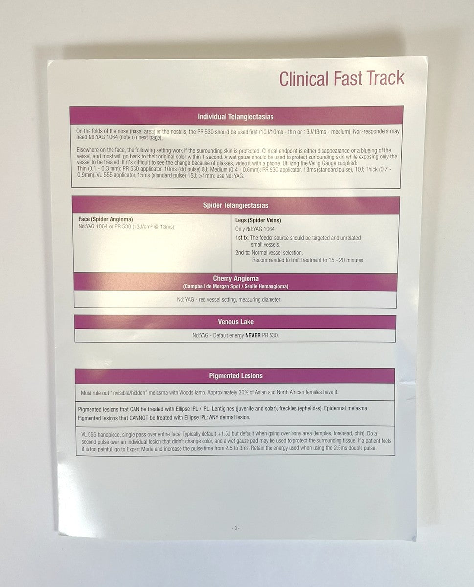 Candela Ellipse IPL Laser Applicator Clinical Fast Track Wavelength Settings