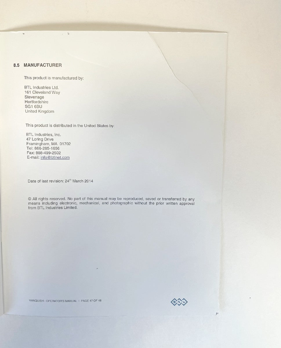BTL, Vanquish Operator's Manual, 713-80MANUS103