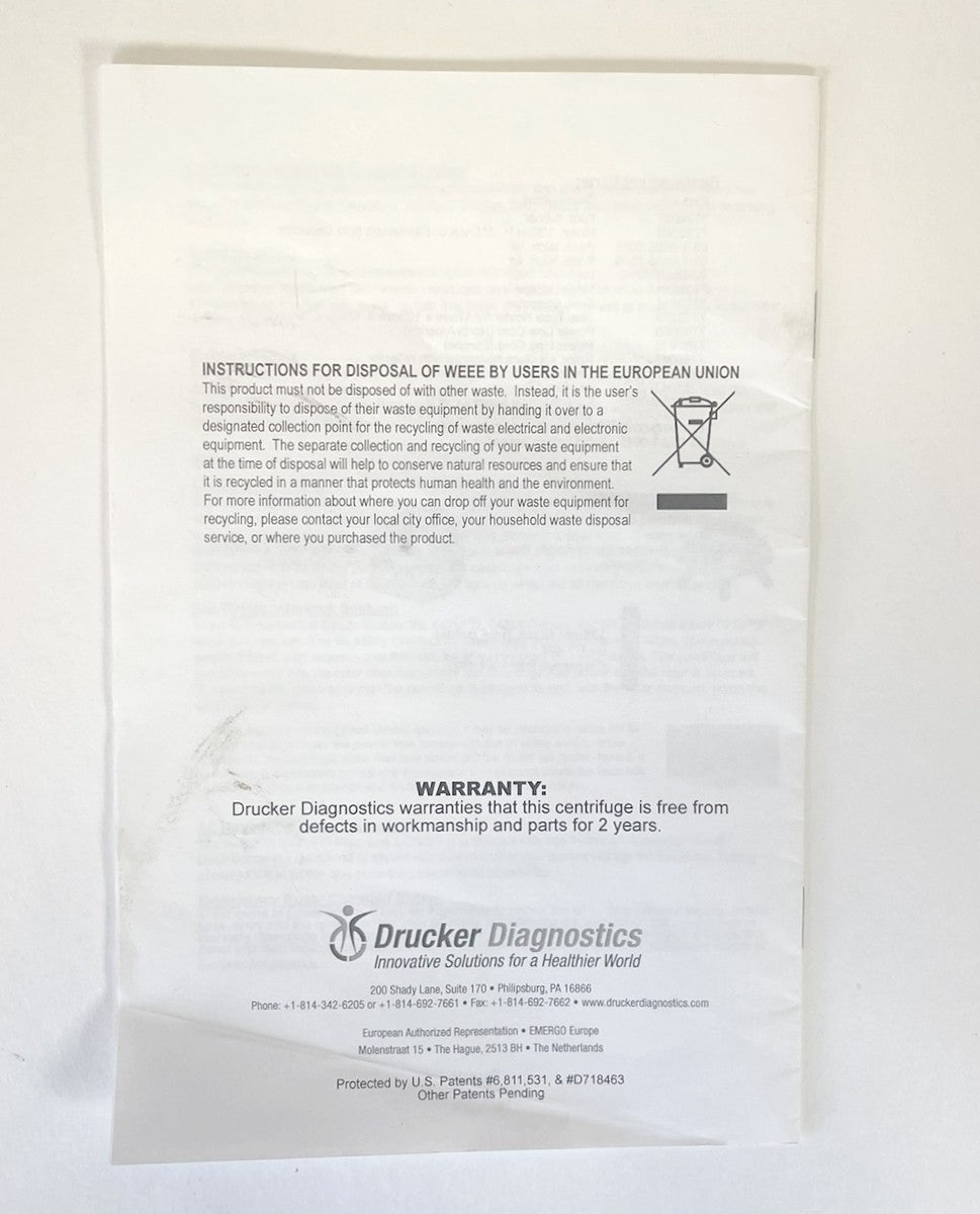 Drucker Diagnostics Laboratory Centrifuge Operator's Manual