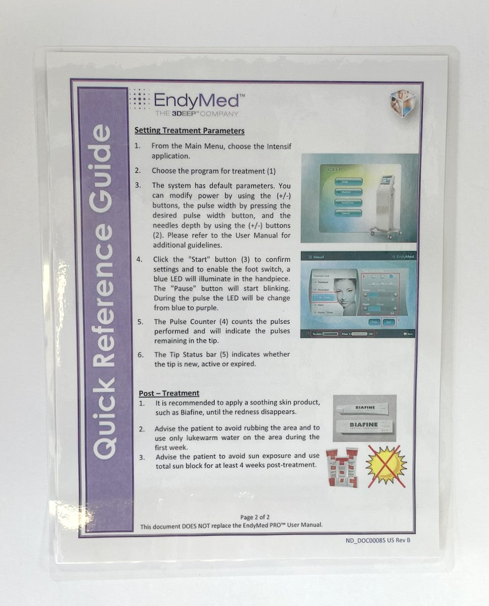 EndyMed The 3Deep COmpany Setting Treatment Parameters Quick Reference Guide DOC00085 US Rev. B
