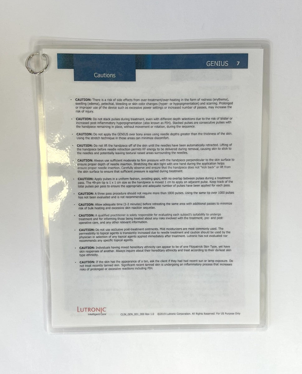 2019 Lutronic Genius RF Microneedling Quick Start Guide Reference Manual