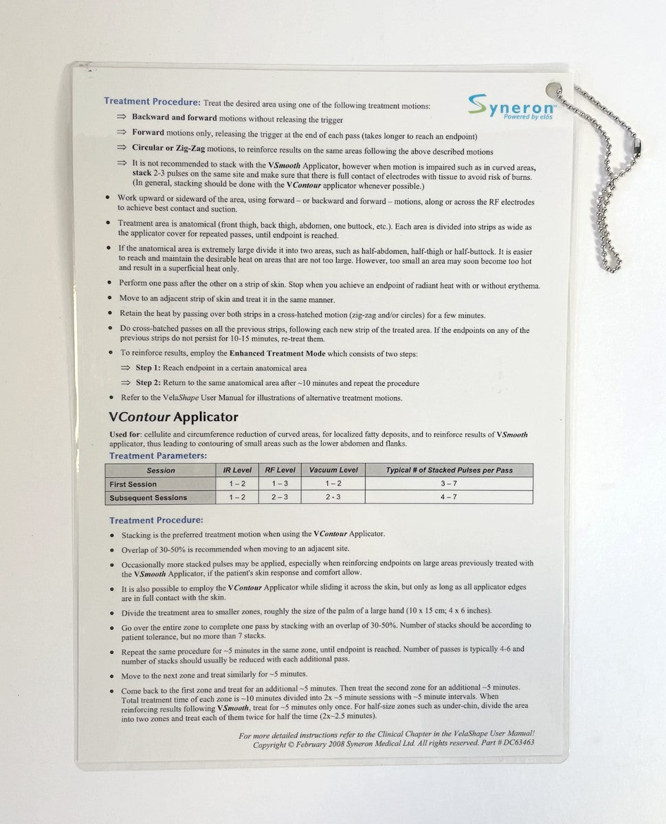 Syneron, VelaShape Quick-Reference Guide for the Smooth and Contour Applicators, one sheet. P/N DC63463