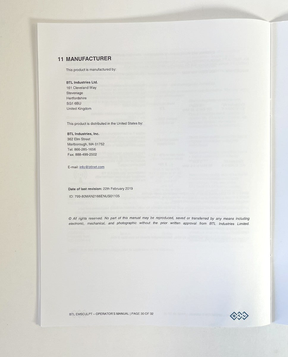 BTL EMSCULPT OPERATOR’S MANUAL, P/N 799-80MAN2166ENUS01105
