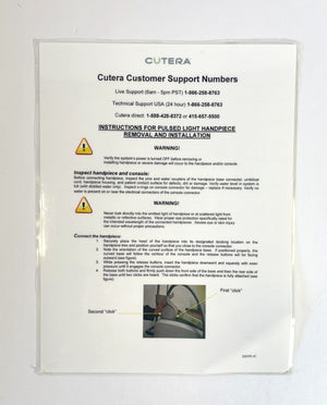 Cutera Instructions for pulsed light handpiece removal and installation and Customer Support Numbers