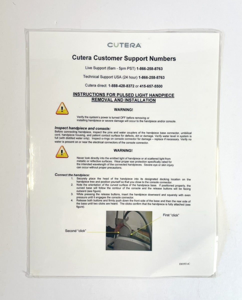 Cutera Instructions for pulsed light handpiece removal and installation and Customer Support Numbers